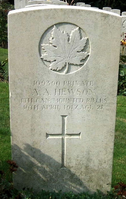 Pte. Albert Arthur Hewson's headstone, Tyne Cot Cemetery, Zonnebeke