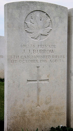 Pte. John James Burrow's headstone, Regina Trench Cemetery