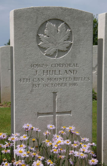 Cpl. James Hulland's headstone, Regina Trench Military Cemetery